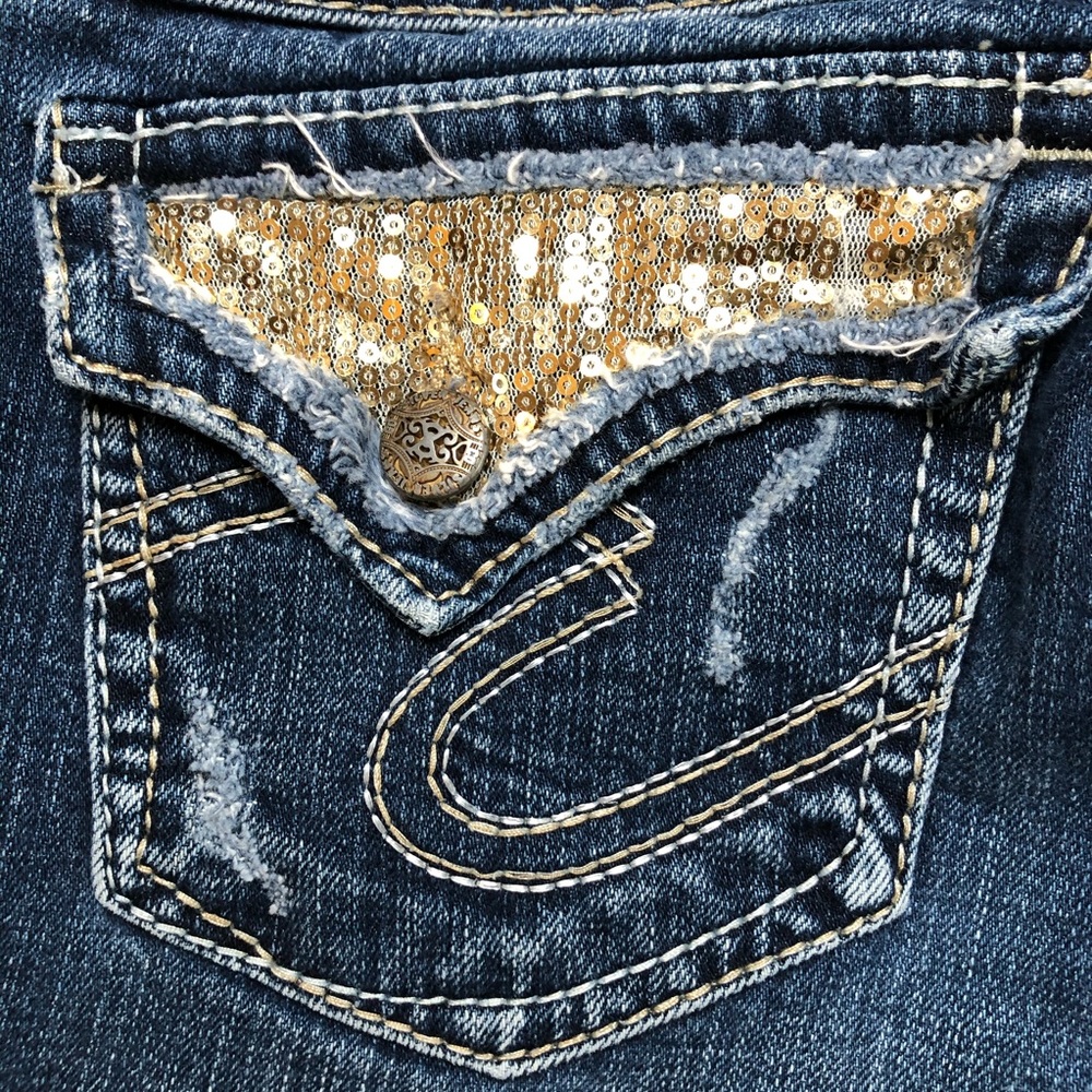 Silver Suki Surplus sequin flap pocket bootcut jeans Sz 27x32